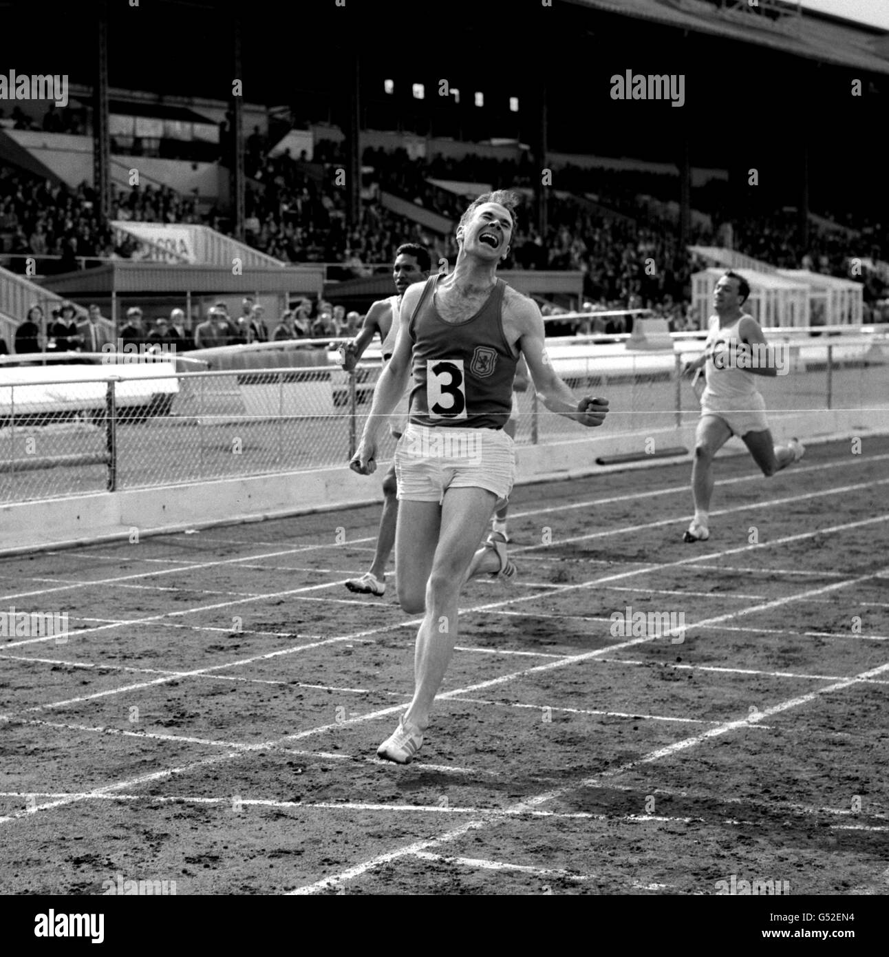 Liberal Democrats MP Menzies Campbell when he was a 23-year-old Glasgow University law student in 1964, crossing the finishing tape to win the 220 yards final at the AAA athletics Championships in London. Stock Photo