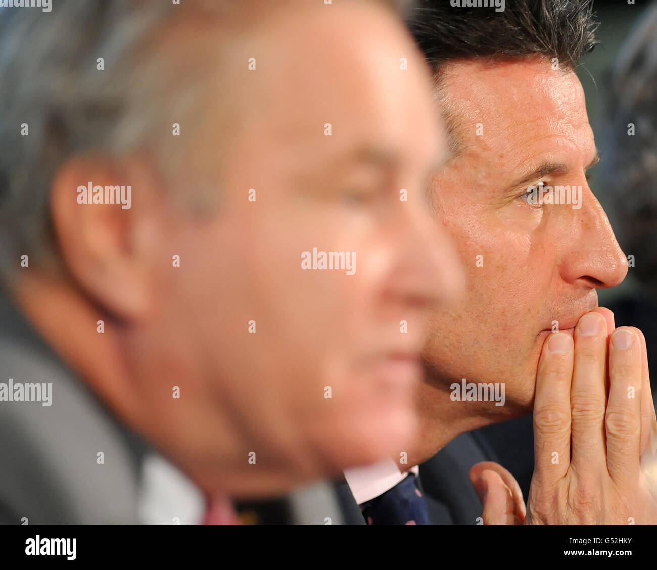 Chairman of the International Olympic Committee Denis Oswald (left) and Chair of LOCOG Lord Sebastian Coe during the IOC Coordination Commission Closing Press Conference at Deloitte, London. Stock Photo