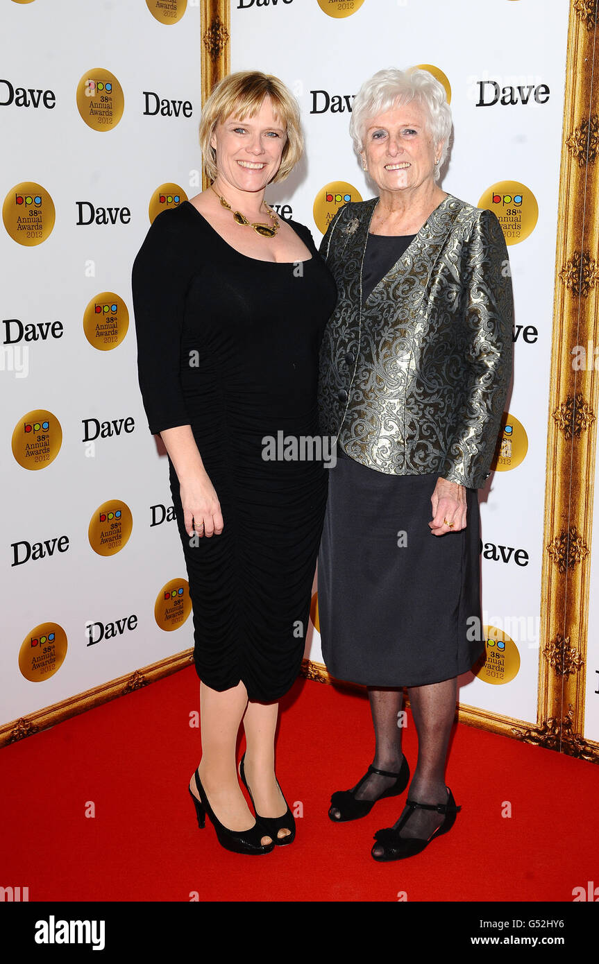 Sue and Beryl Vertue arrive for the Broadcast Press Guild Awards held at the Theatre Royal on Drury Lane in London. Stock Photo