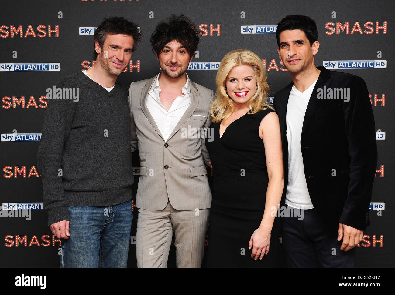 Jack Davenport, Megan Hilty and Raza Jaffrey are seen with (second left) Alex Zane at a screening of new musical drama Smash at the Soho Hotel in London, showing on April 21st on Sky Atlantic HD. Stock Photo