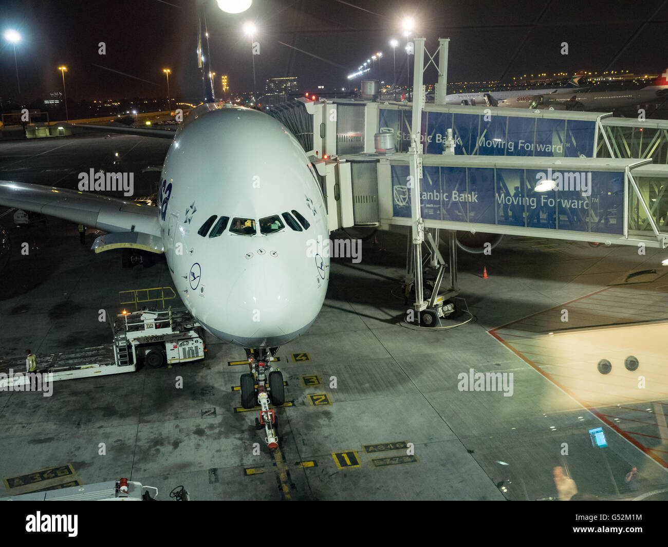 South Africa, Gauteng, Kempton Park, Lufthansa Airbus A380 at Johannesburg Airport Stock Photo