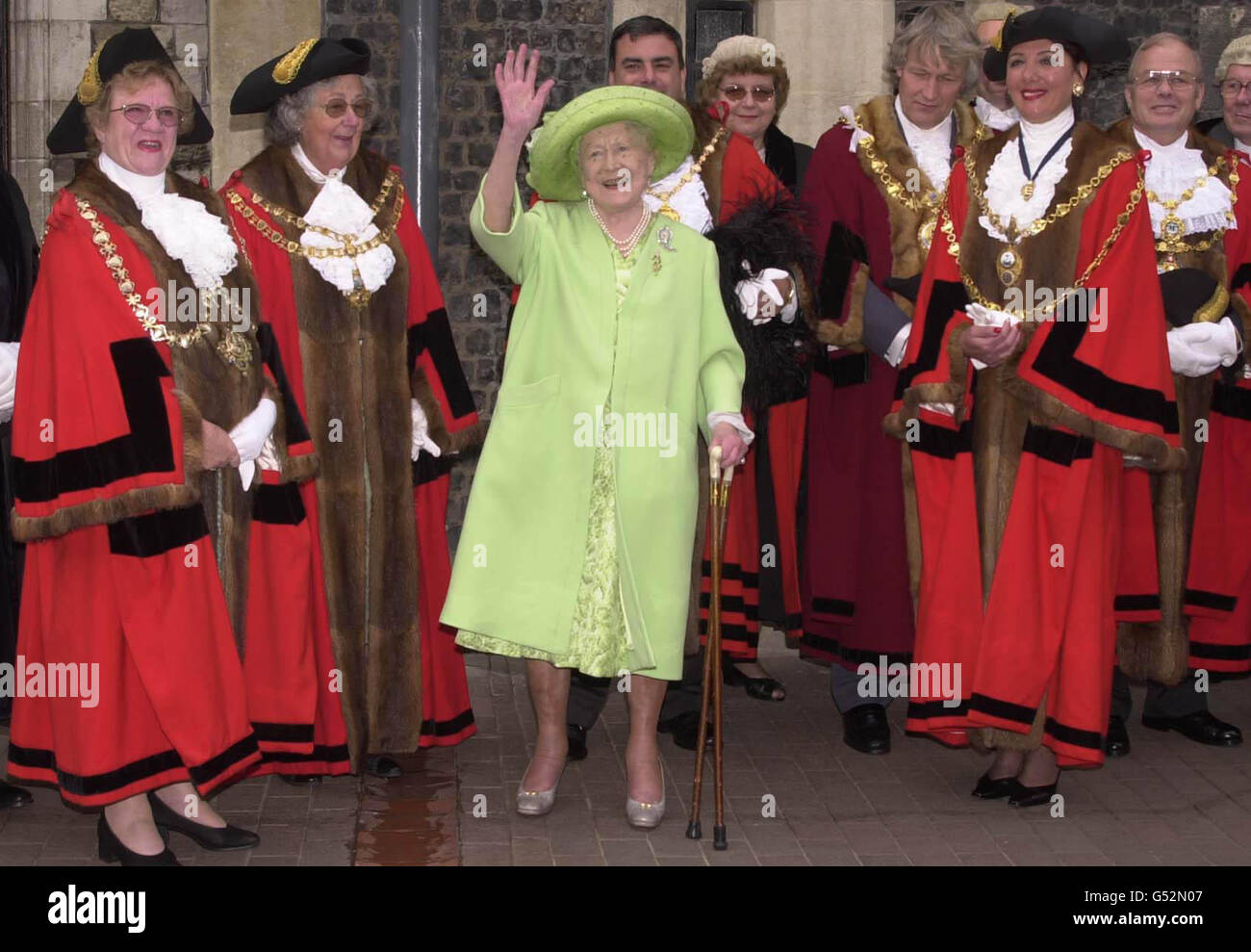 The Queen Mother meets the Cinque Port Mayors at the Town Hall in Dover, where she was also presented with a scroll and birthday card to mark her 100th birthday. Stock Photo