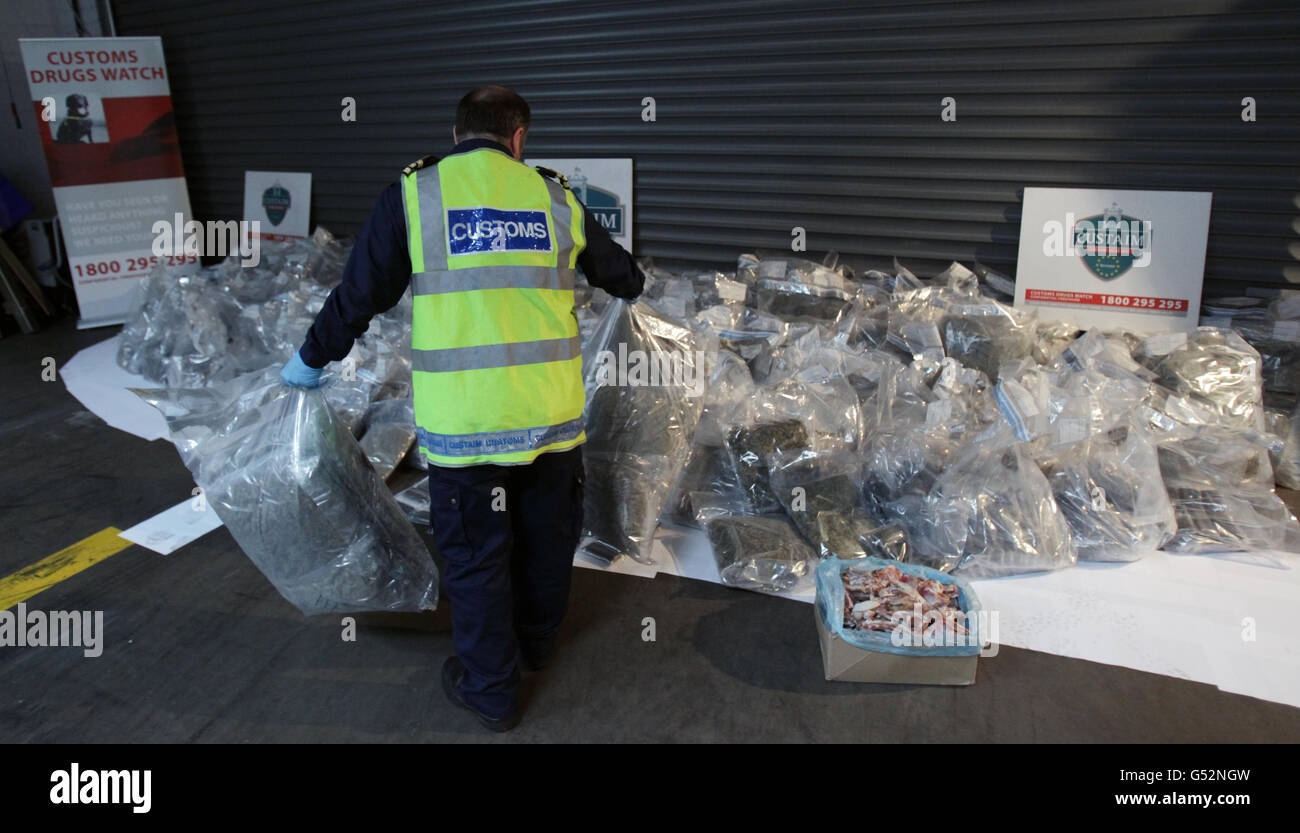 A member from Dublin Port customs office displays a seizure of herbal ...