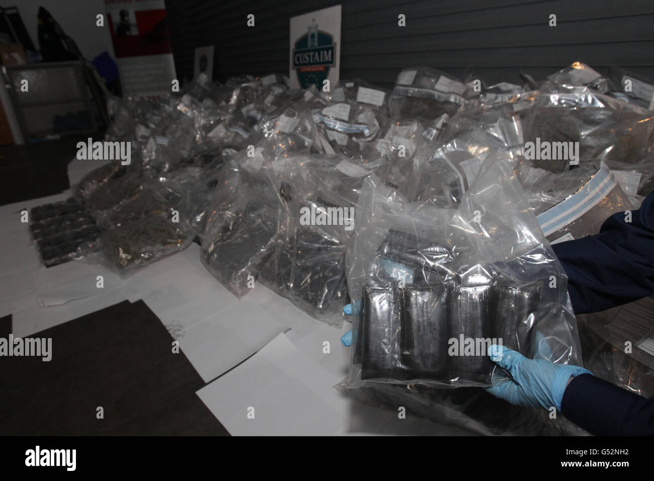 A member from Dublin Port customs office displays a seizure of herbal ...