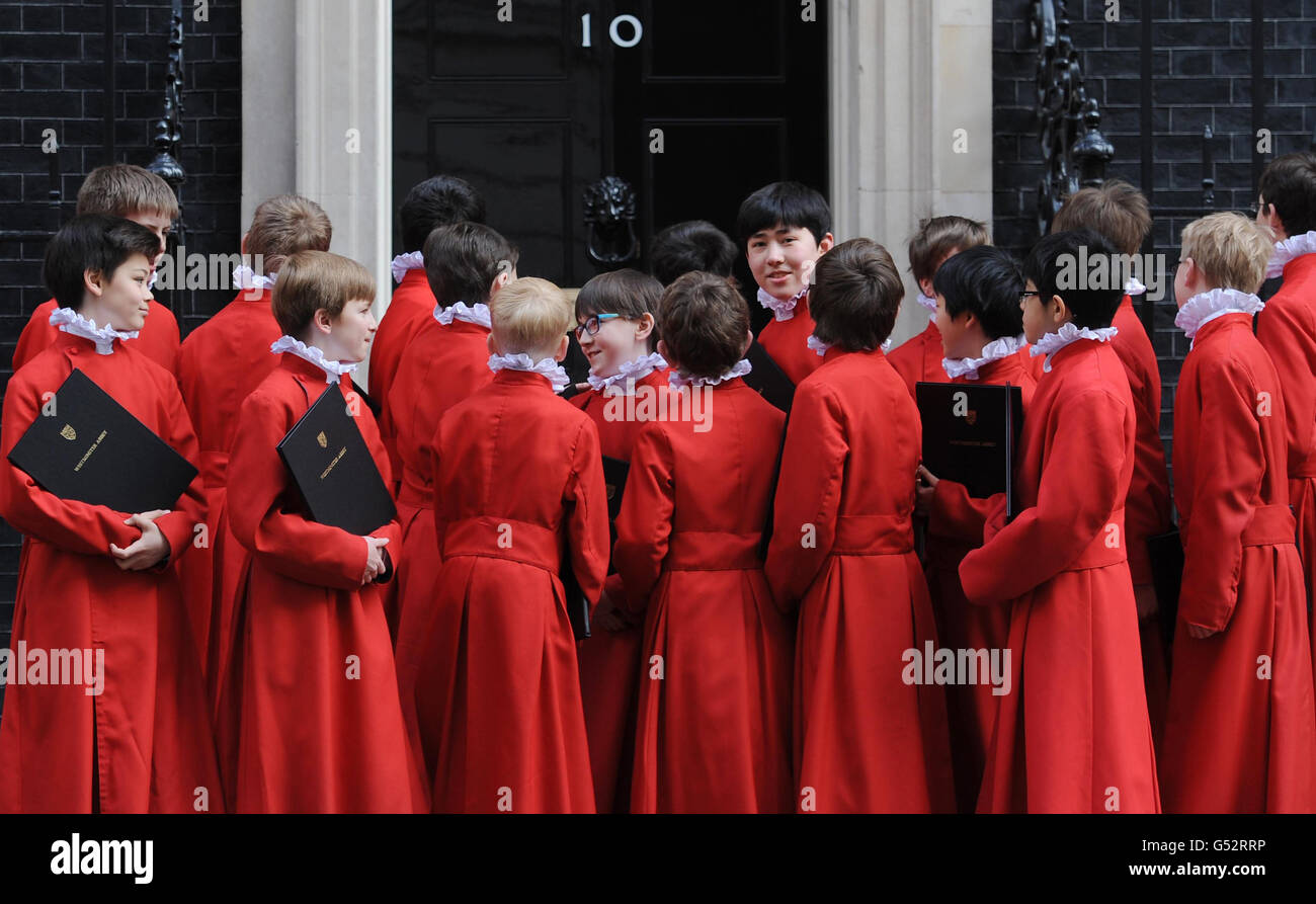 Westminster Abbey boys choir arrive at 10 Downing Street in London for