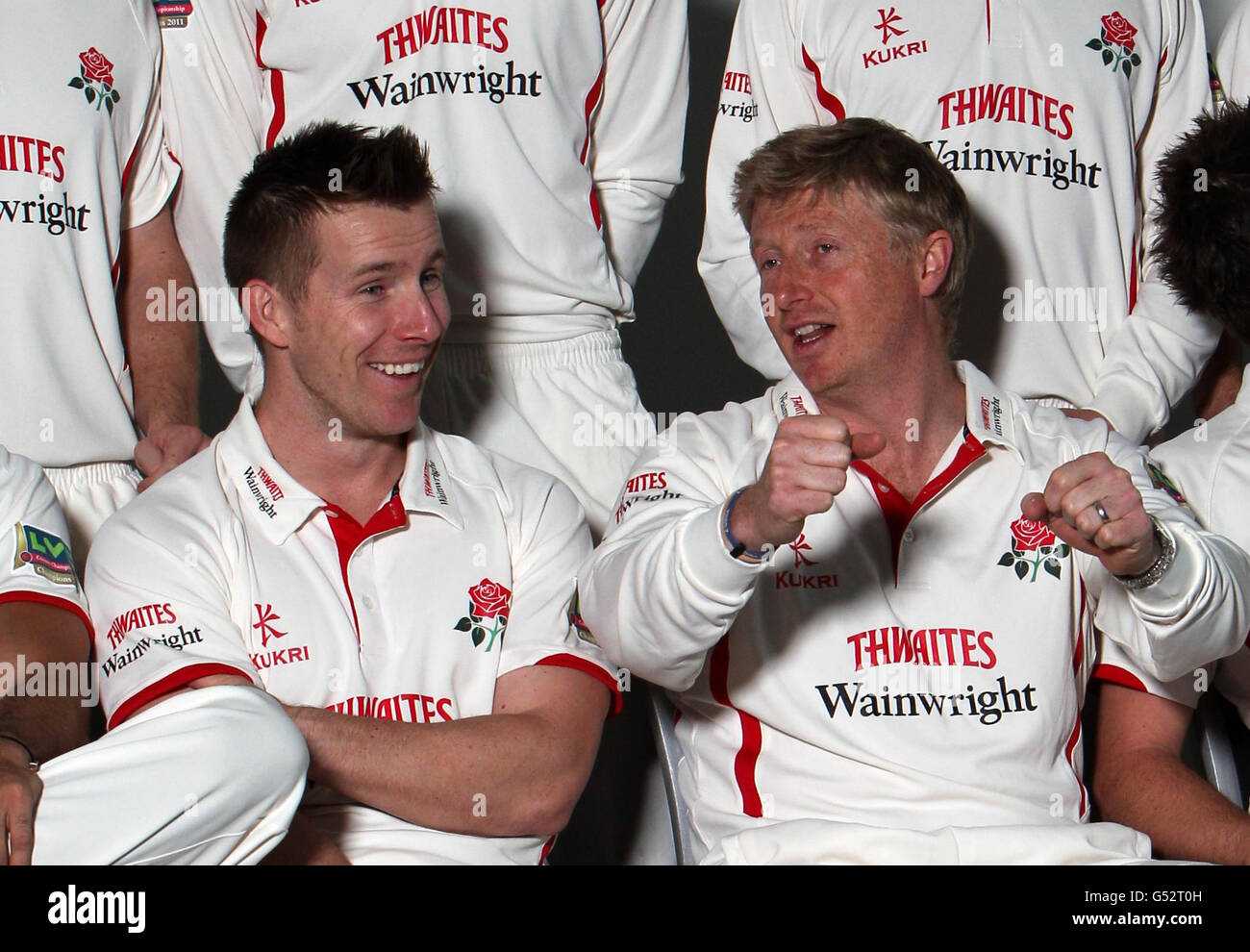 Lancashire's Steven Croft and captain Glen Chapple (right) during the press day at Old Trafford Cricket Ground, Manchester. Stock Photo