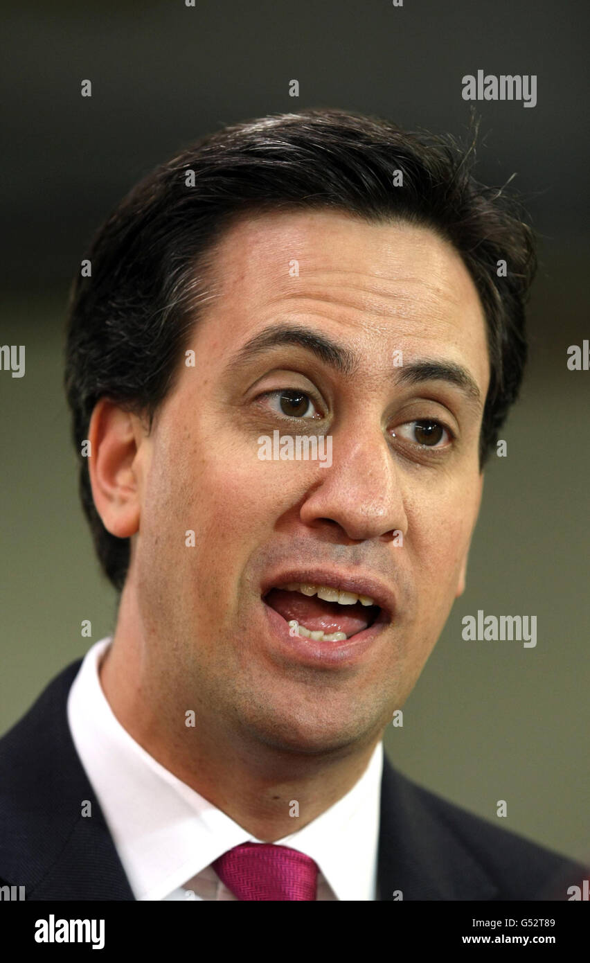 Labour leader Ed Miliband speaks during a visit to the Toyota Factory at Burnaston in Derby. Stock Photo