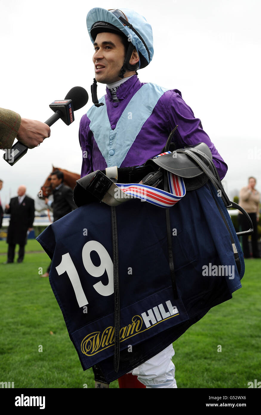 Jockey Lee Newman after winning The William Hill Spring Mile on Norse Blues during the William Hill Lincoln meeting at Doncaster Racecourse, Doncaster Stock Photo