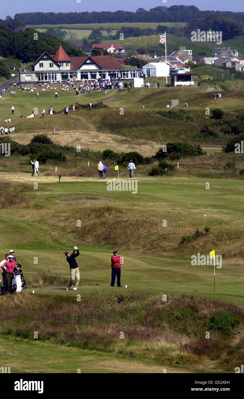 The view towards Lundin Golf Course Clubhouse, near St. Andrews, Scotland. Over 480 players teed up at 4 clubs, with only 11 from each site qualifying for the Open Championship. Stock Photo