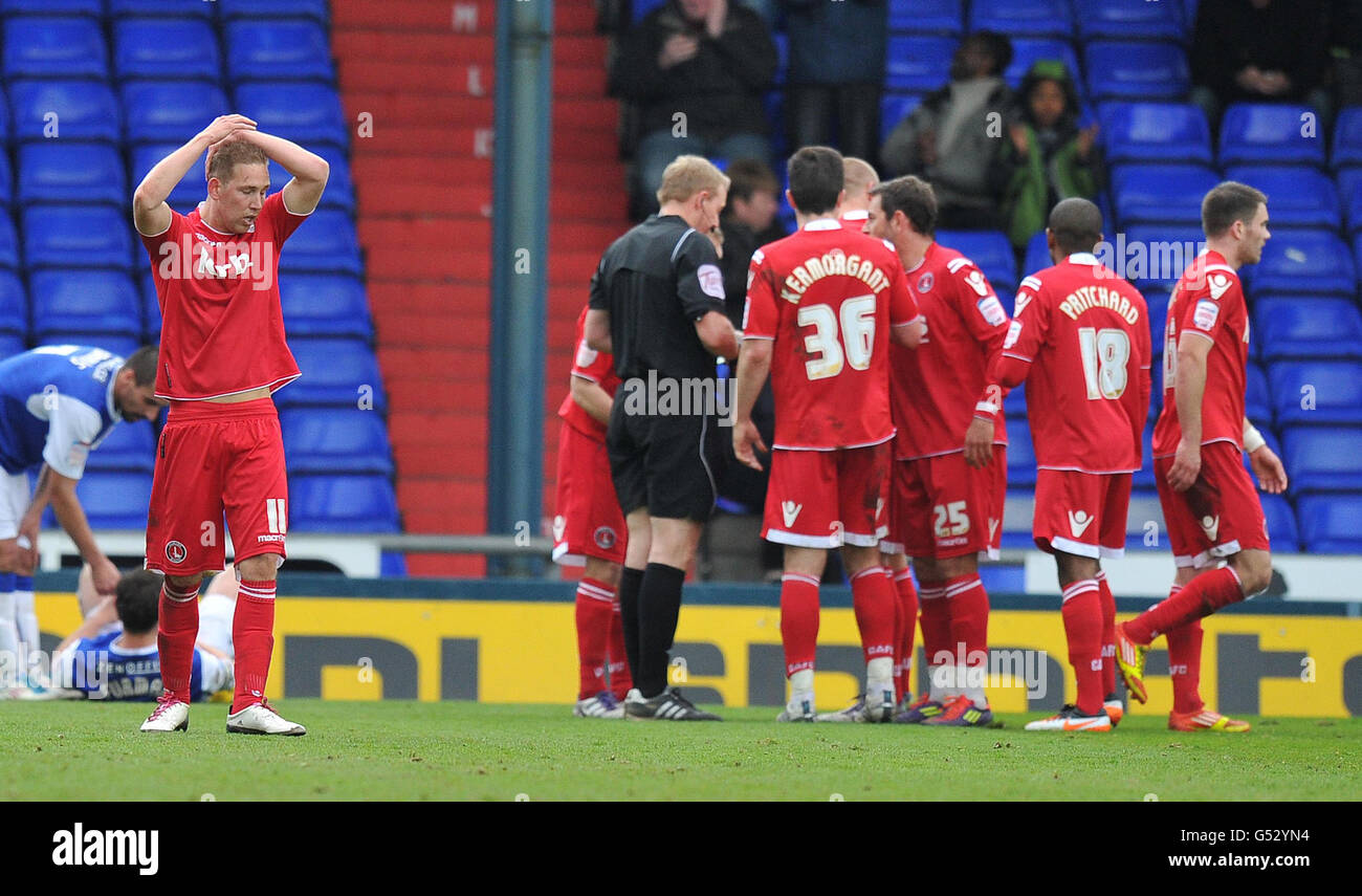 Charlton Athletic's Scott Wagstaff is sent off during the npower Football League One match at Boundary Park, Oldham. Stock Photo