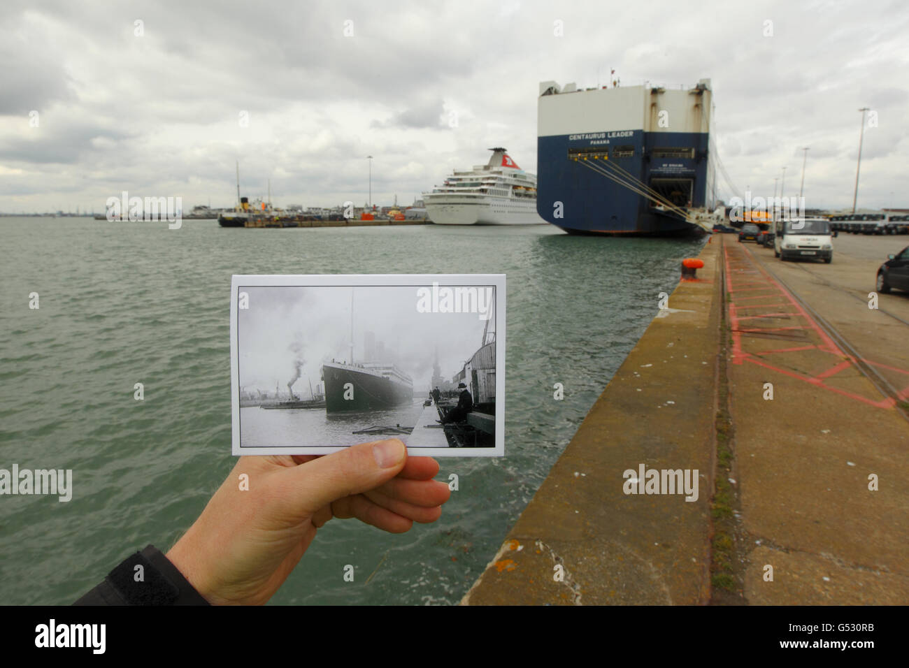 A car carrying ship sits at 44 berth in Southampton docks, the same berth from which the RMS