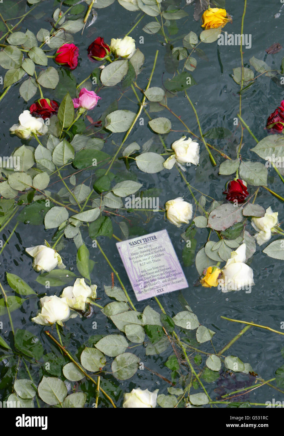 A memorial to Nancy Tester, a victim of the Titanic disaster, floats amongst roses in the dock in Southampton, from where the ill-fated liner sailed 100 years ago today. Stock Photo