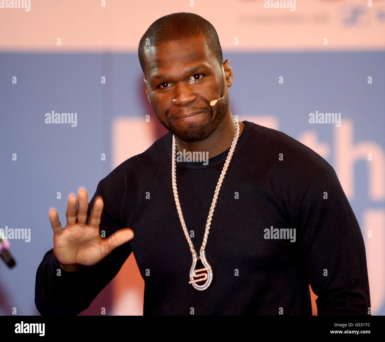 Rapper 50 Cent speaking during the launch of his new headphones range at the Gadget Show Live at the NEC Birmingham today. Stock Photo