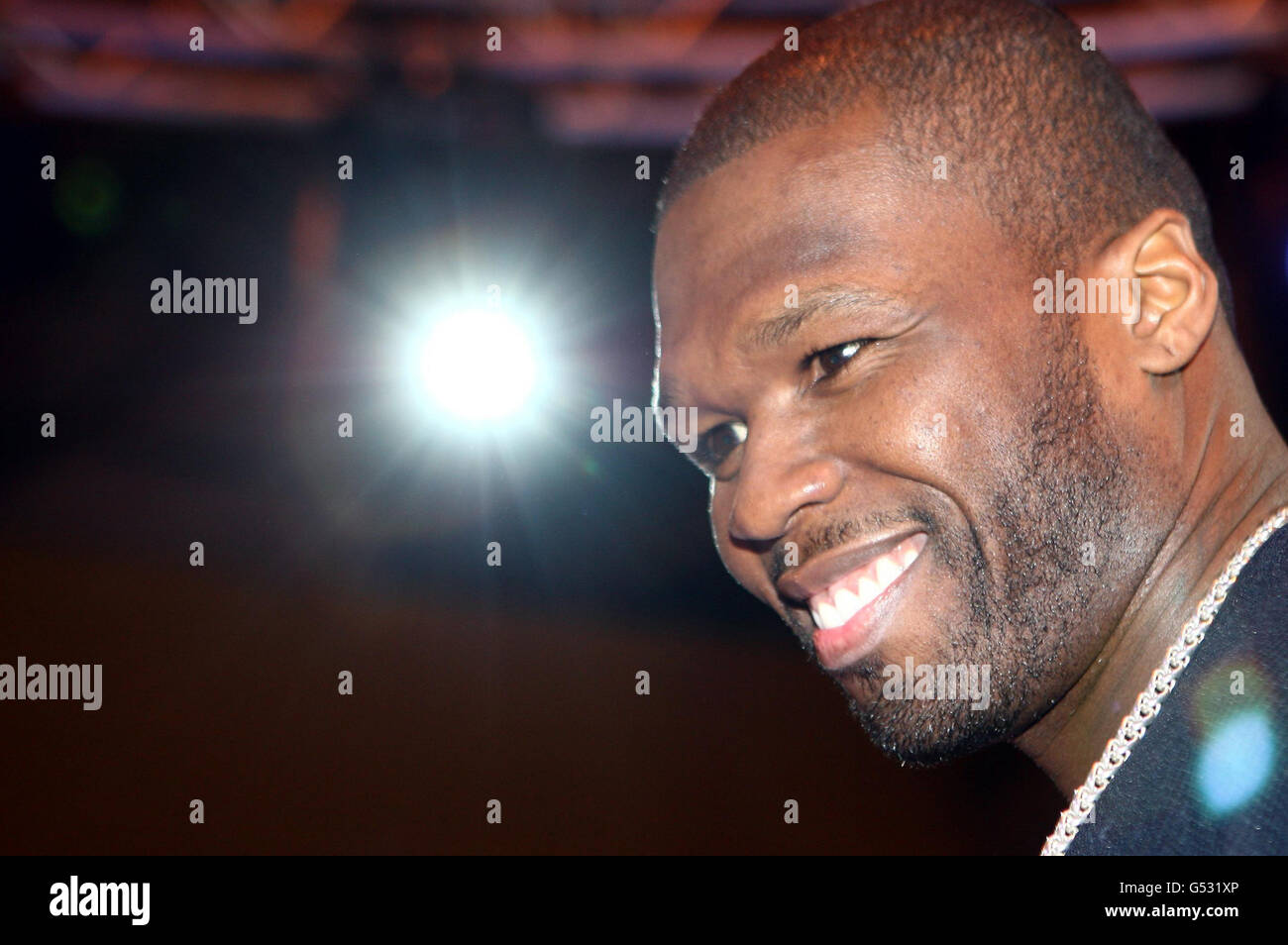 RETRANSMITTED CORRECTING CAPTION Rapper 50 Cent speaking during the launch of his new headphones range at the Gadget Show Live at the NEC Birmingham today. Stock Photo