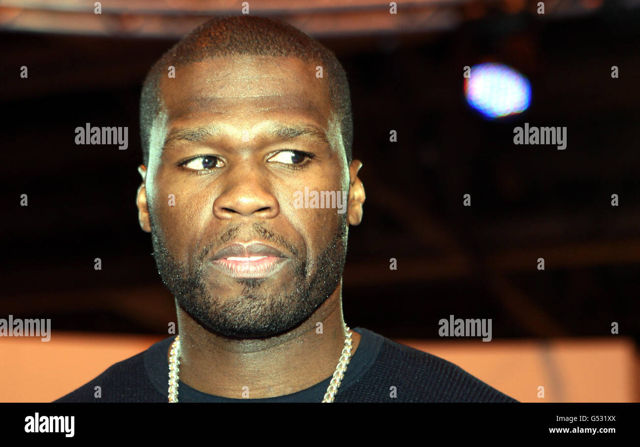 Rapper 50 Cent speaking during the launch of his new headphones range at the Gadget Show Live at the NEC Birmingham today. Stock Photo