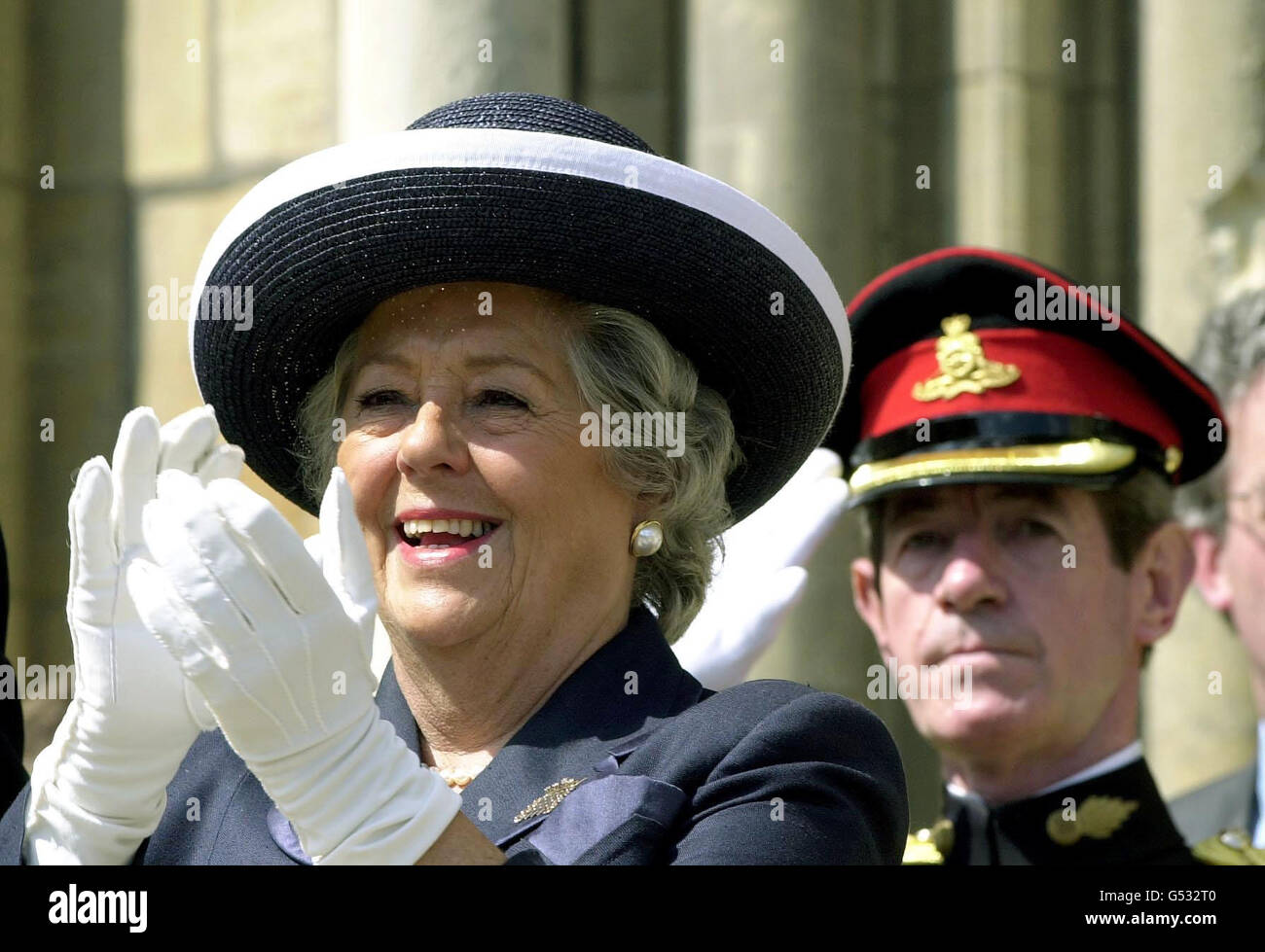 The retiring Speaker of the House of Commons, Betty Boothroyd, applauds former 'Ack Ack' Girls as she takes the Salute at their March Past following a Service in York Minster. She was invited as patron of the Memorial to the Women of World War II Charity. *... which is campaigning to have a tribute to women veterans erected in London. Stock Photo