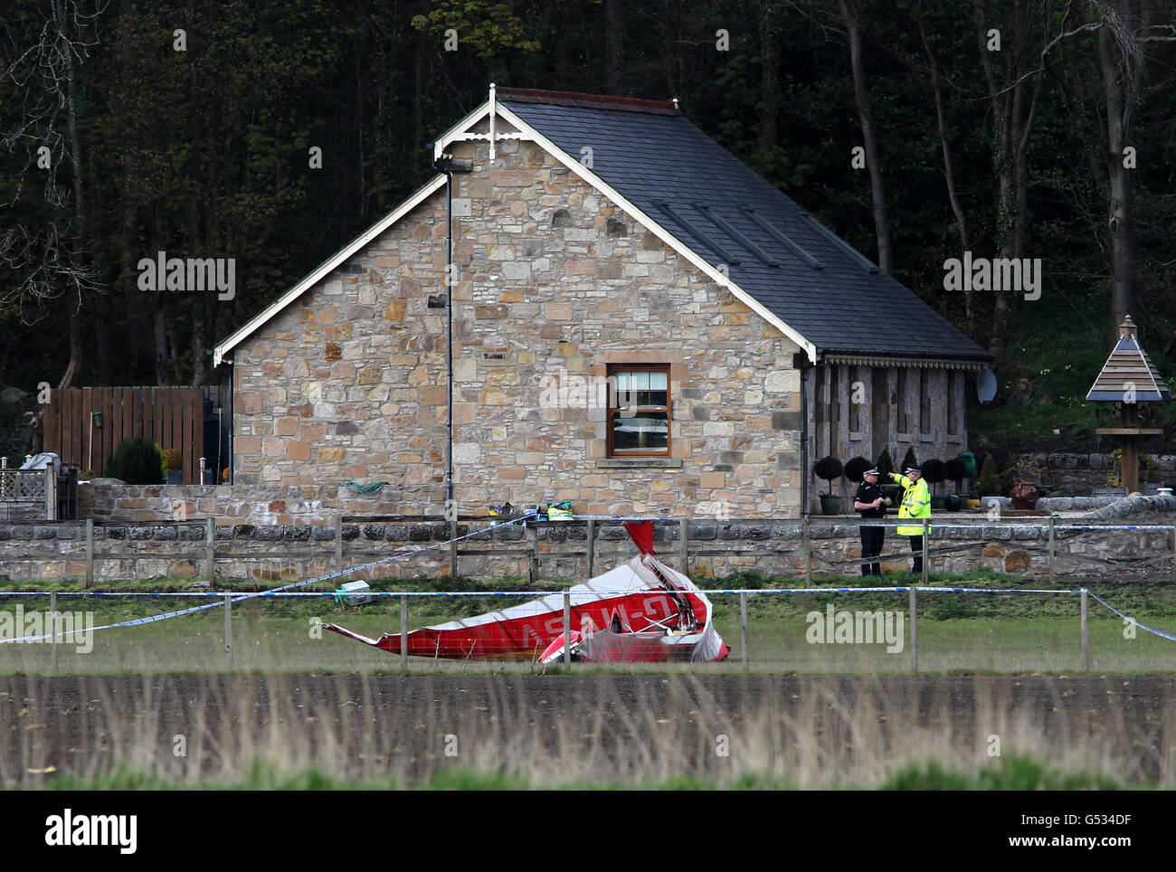 The scene of a microlight crash close to Kennet village near Clackmannan. Central Scotland Police said one man was killed and no-one else was thought to have been involved. PRESS ASSOCIATION Photo. Picture date: Thursday April 12, 2012. See PA story AIR Microlight. Photo credit should read: Andrew Milligan/PA Wire Stock Photo
