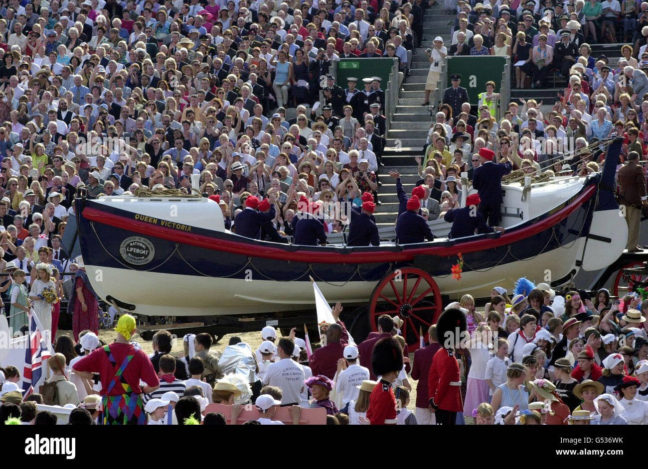 A float from the National Lifeboat Association during a pageant for the Queen Mother on London's Horse Guards Parade to mark her 100th birthday. Some 1,000 people, animals and aircraft are taking part reflcting all parts of Britain's national life. Stock Photo