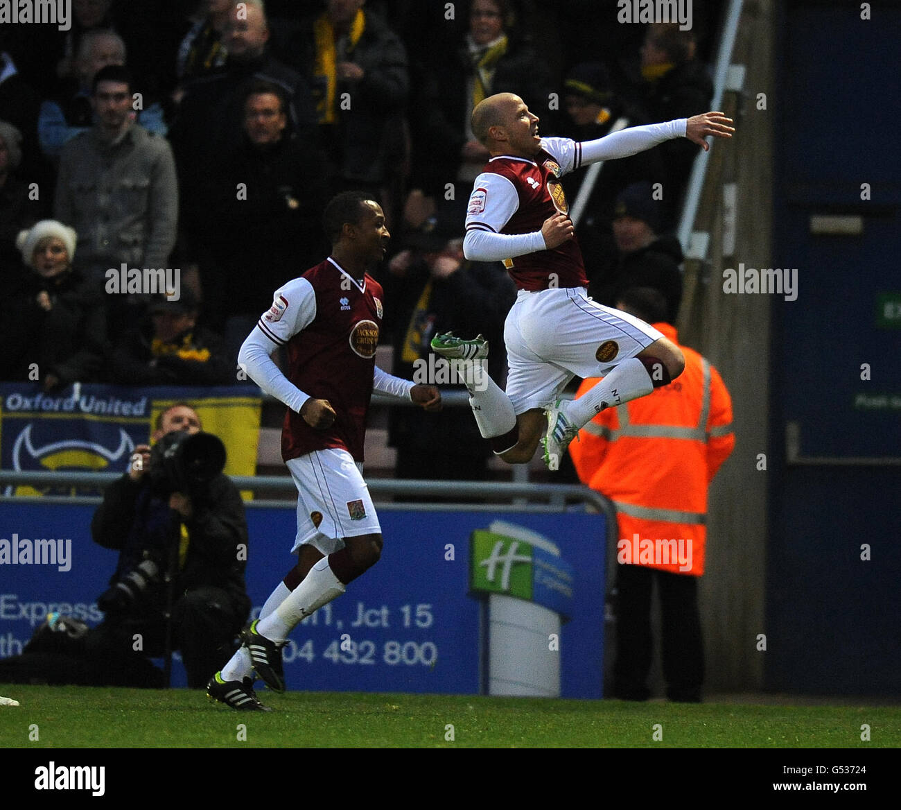 Northampton towns luke gutteridge celebrates scoring their first goal