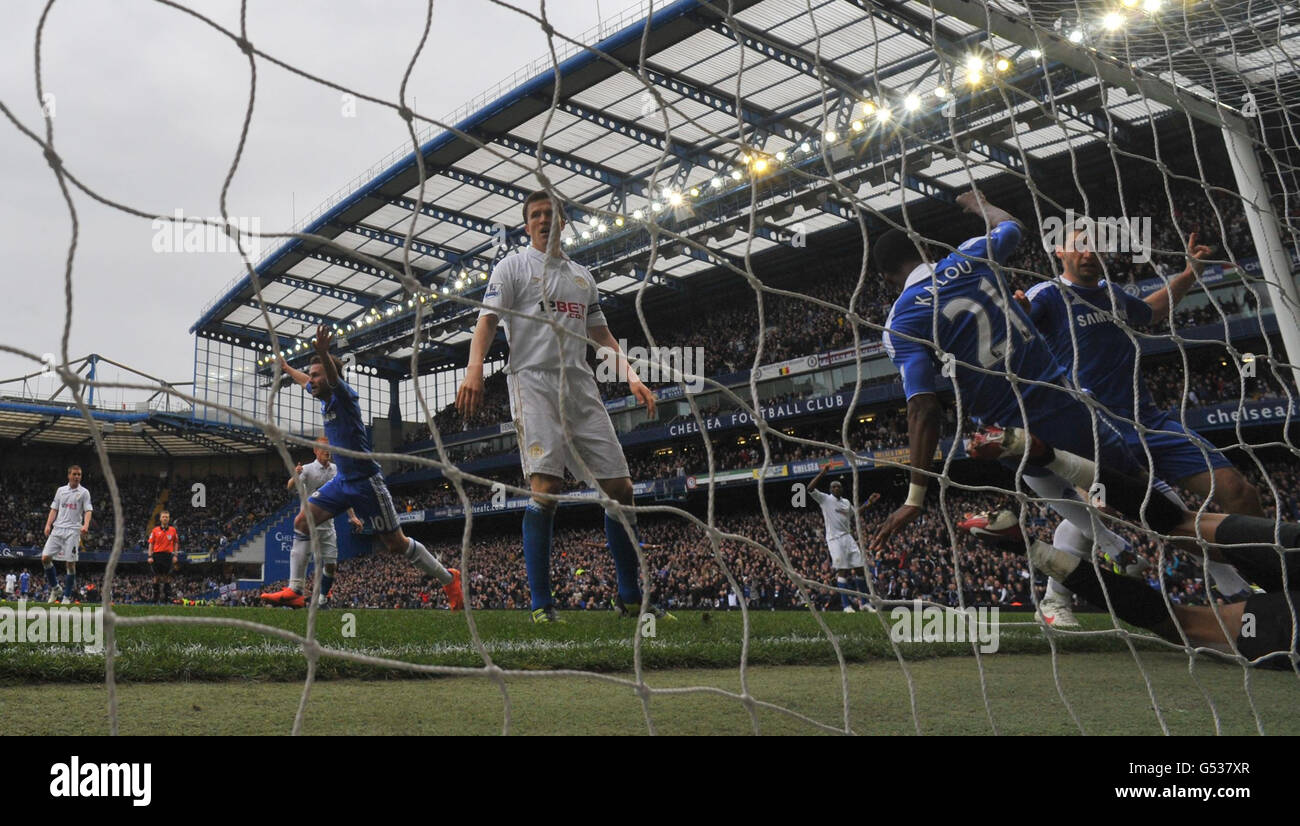 Chelsea's Juan Mata (left, arms raised) celebrates scoring his side's second goal during the Barclays Premier League match at Stamford Bridge. Stock Photo