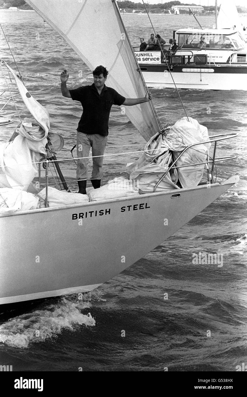 Chay Blyth waving aboard his ketch British Steel in the Solent as he neared Hamble, and the Royal Welcome, at the end of the first non-stop solo voyage around the world from east to west - 30,000 miles in 292 days. Stock Photo