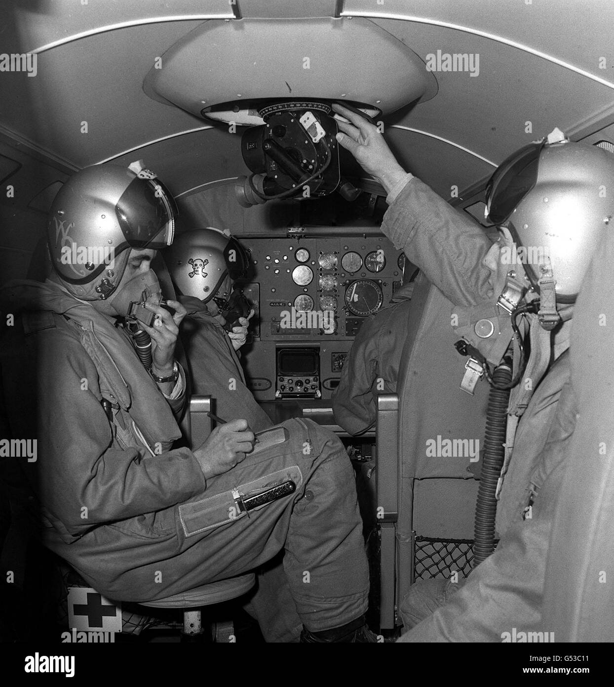 Trainee navigators training in the Dominie Mk1. The Dominie twin-jet navigation trainer, the world's first purpose built pure-jet navigation trainer, is a military version of the Hawker Siddeley125 'executive' aircraft. The trainers are in service with No.1 Air Navigation School, Royal AirForce Stradishall, Newmarket, Suffolk. Stock Photo