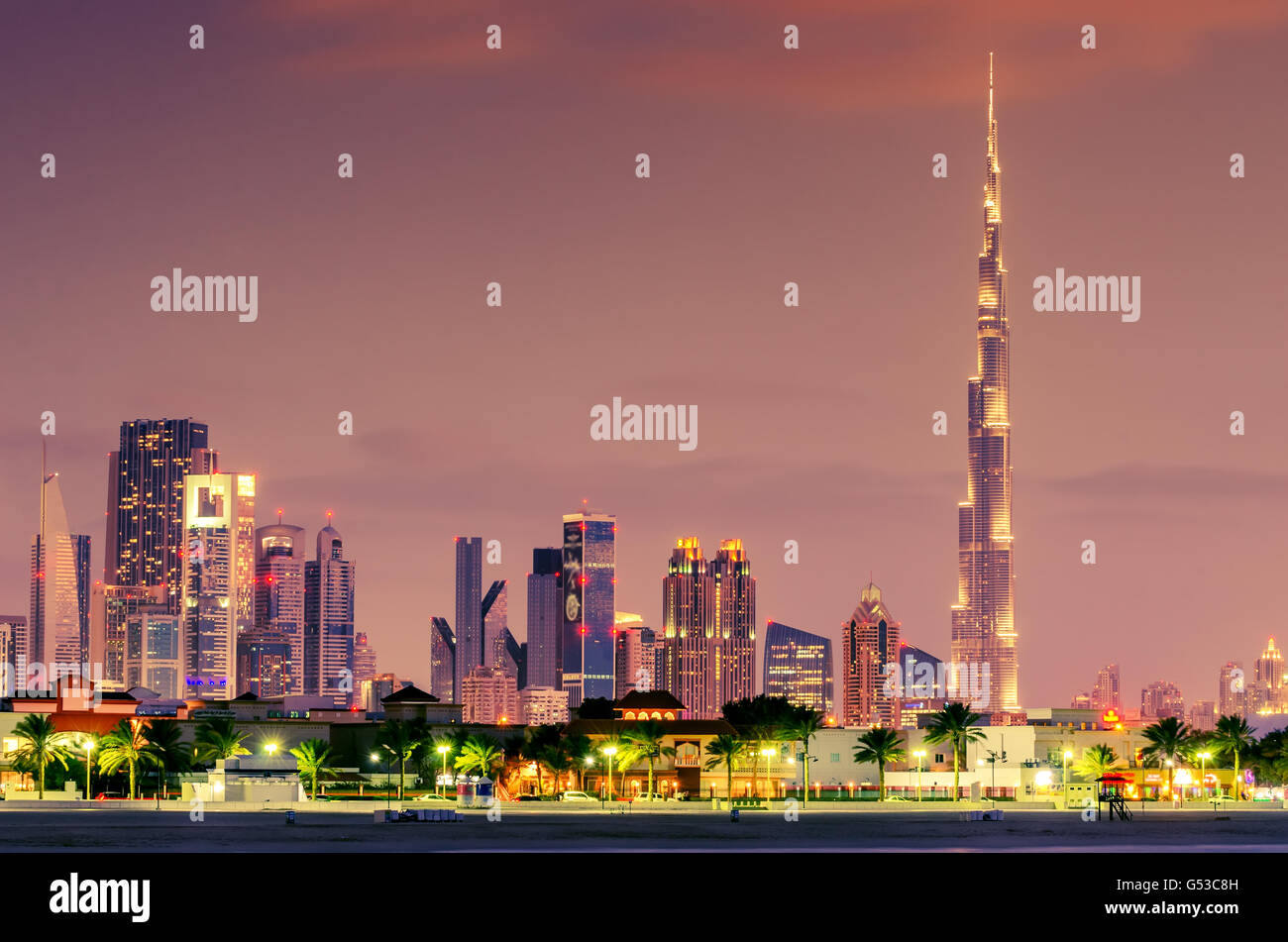 Dubai, United Arab Emirates: Downtown in the beautiful sunset Stock Photo