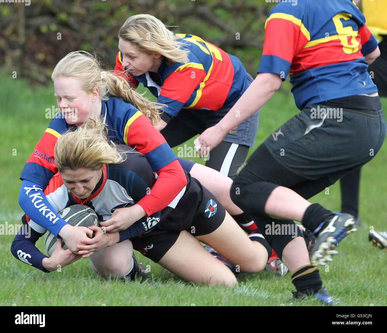 Murrayfield Wanderers Jilly Alford scores a try against Broughton during the Women's Cup Qualifying Games at Cartha Queens Park RFC, Glasgow. Stock Photo