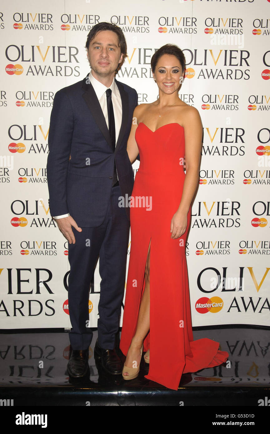 Zach Braff and Susannah Fielding in the press room at the Olivier Awards 2012, at the Royal Opera House in Covent Garden, central London. Stock Photo