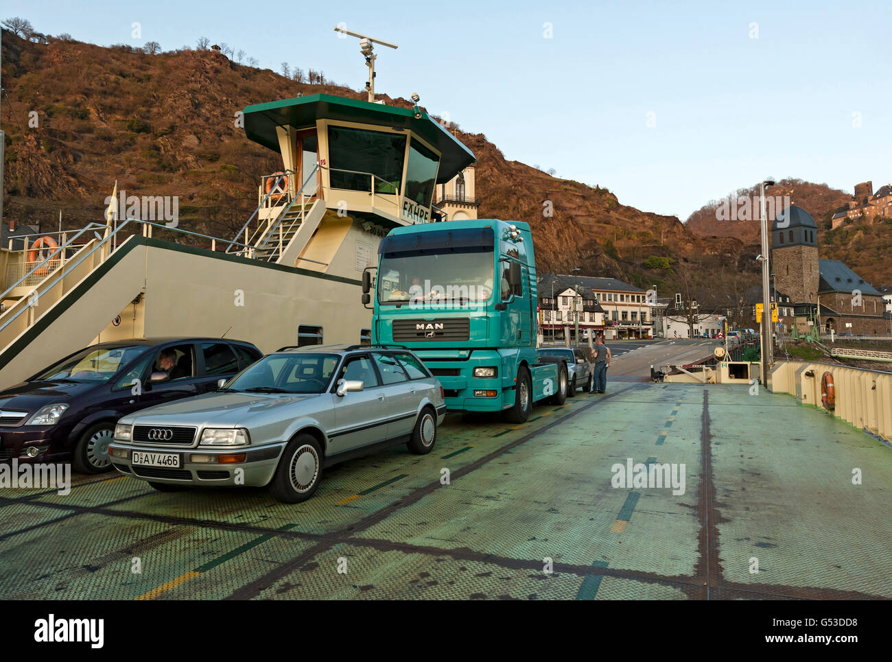 Vehicles on the Rhine Ferry in St. Goarshausen, Upper Middle Rhine Valley, UNESCO World Heritage Site, Rhineland-Palatinate Stock Photo