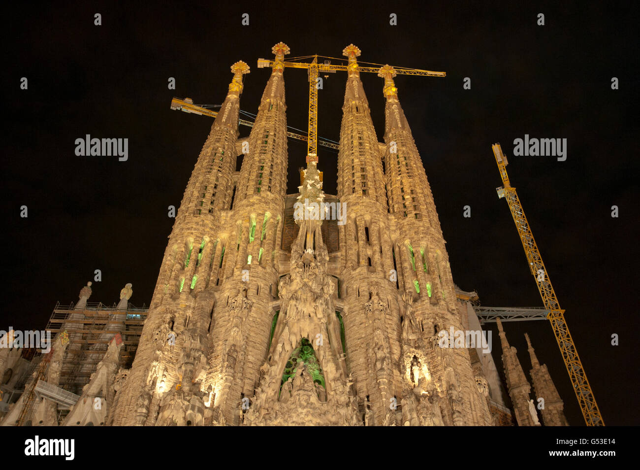 Sagrada Familia by Antoni Gaudi at night, Barcelona, Spain, Europe Stock Photo