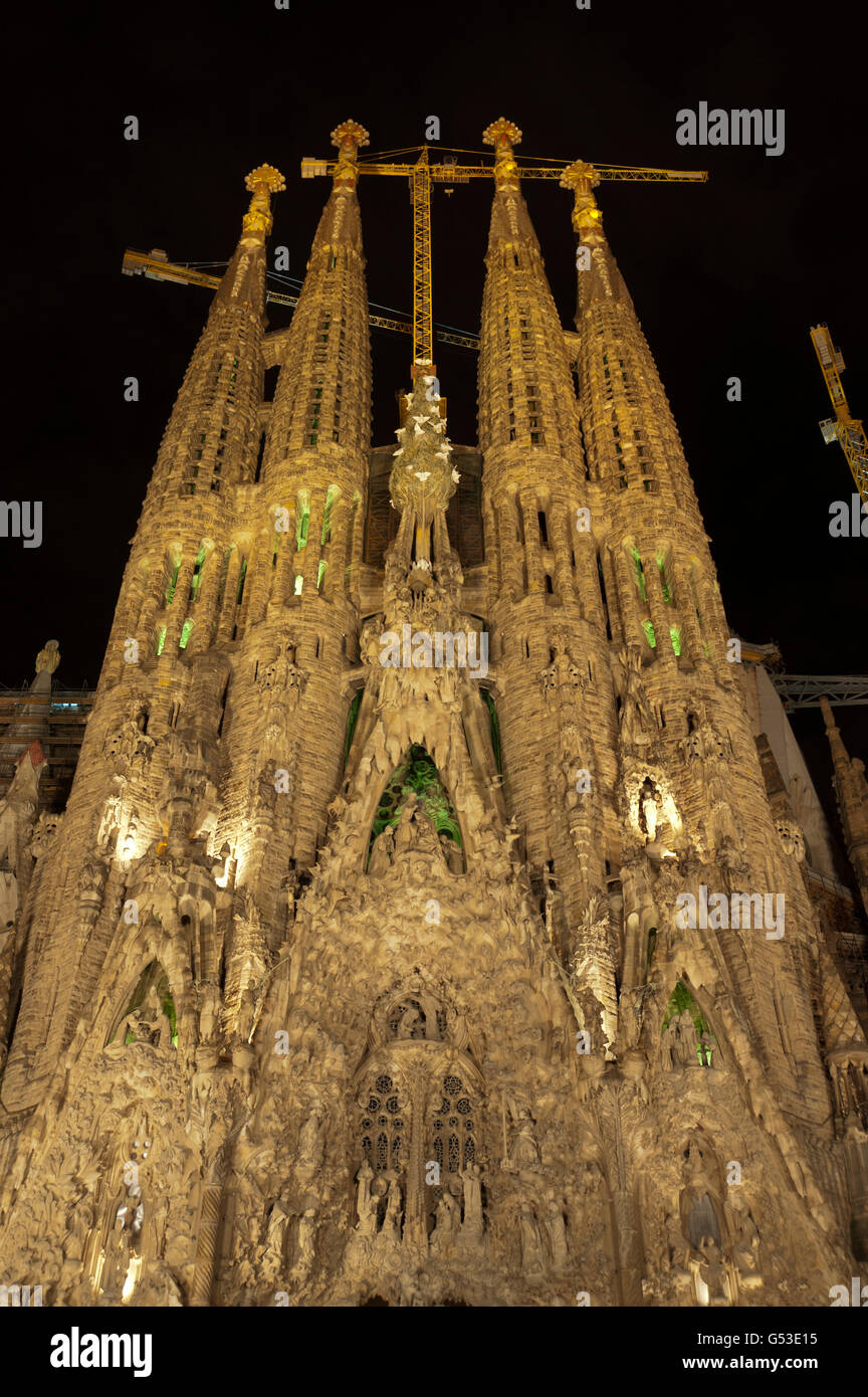Sagrada Familia by Antoni Gaudi at night, Barcelona, Spain, Europe Stock Photo