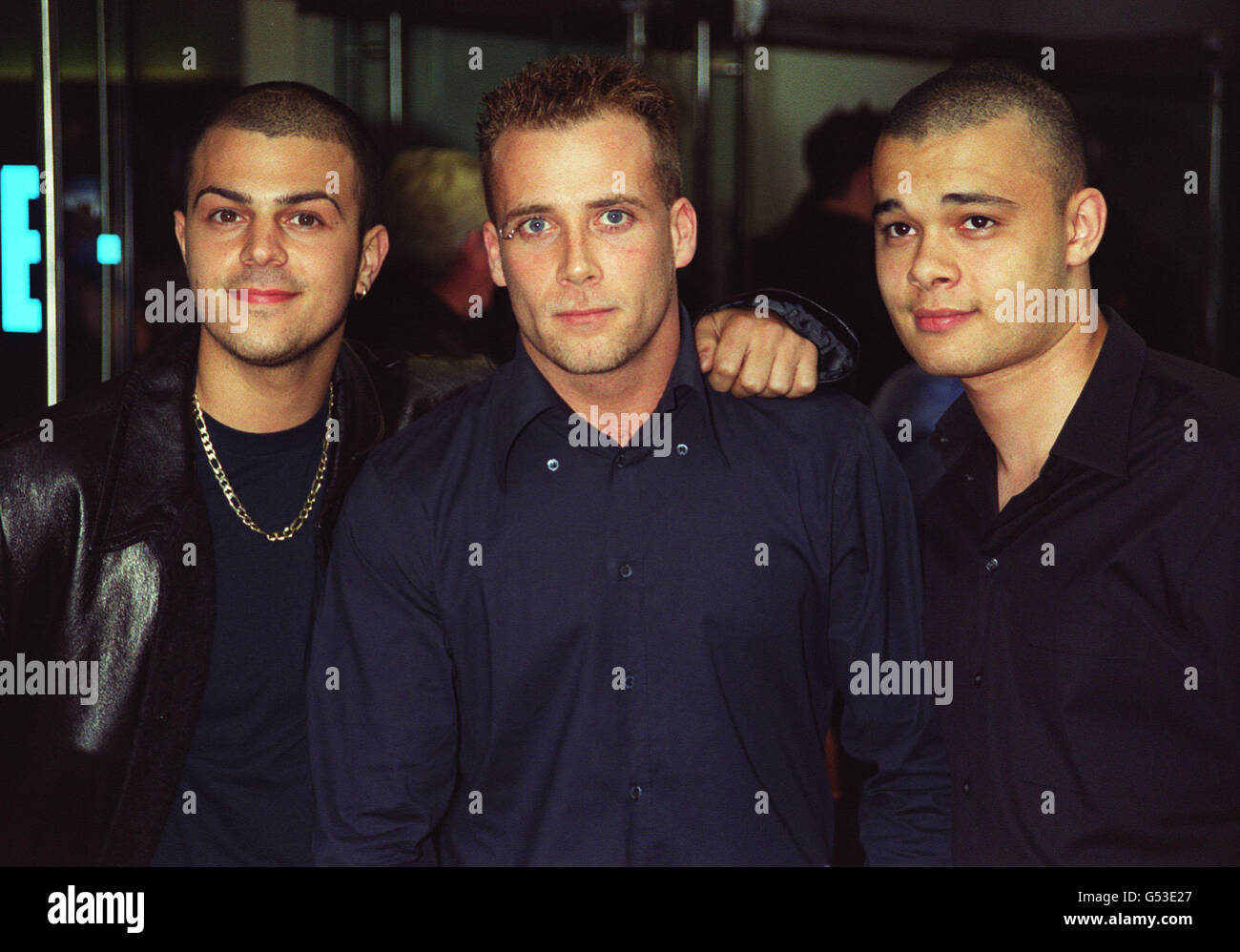L-R: Abs Breen (Richard Breen), J Brown (Jason Brown) and Sean Conlon of the pop band Five, arrive for the premiere of the film X-Men, at The Odeon cinema in Leicester Square, London. Stock Photo