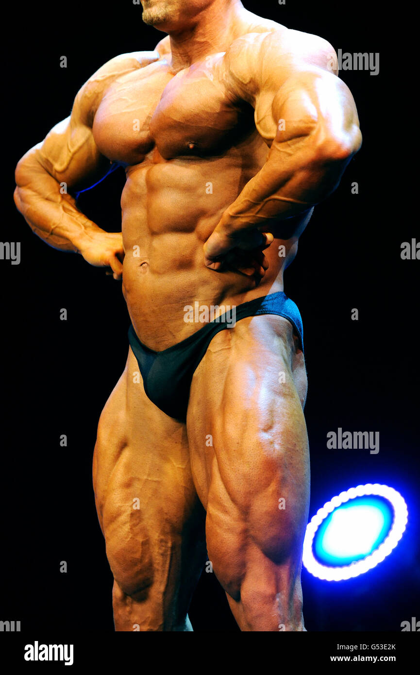 Bodybuilder at a bodybuilding show, FIBO Power 2012 fitness fair, Essen, North Rhine-Westphalia Stock Photo