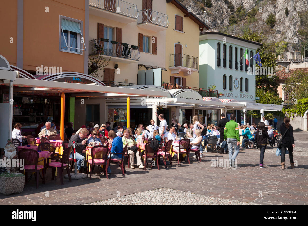 Restaurants along the lakeside promenade, Limone sul Garda, Lake Garda ...