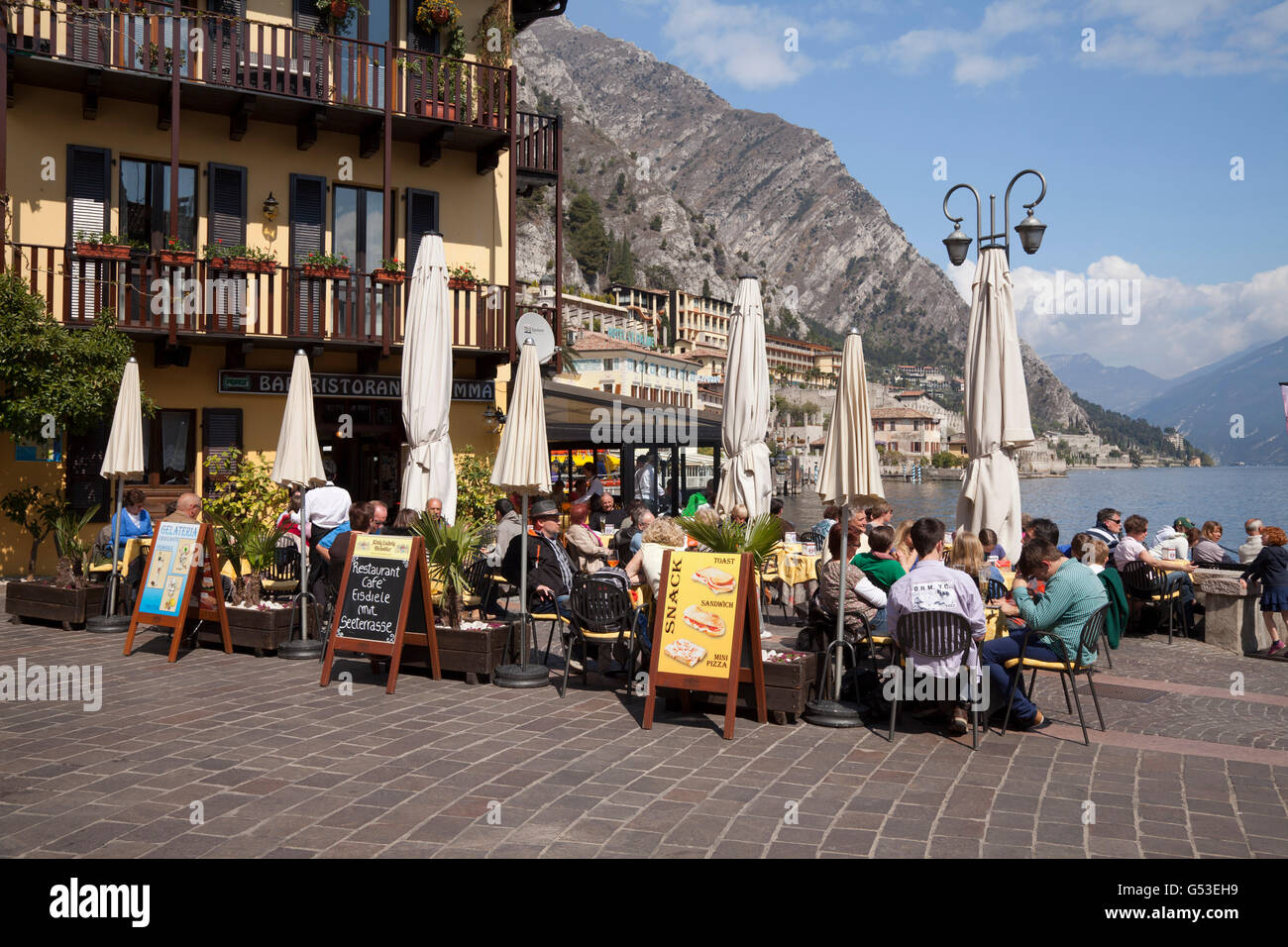 Lakeside restaurant, Limone sul Garda, Lake Garda, Lombardy, Italy, Europe, PublicGround Stock Photo