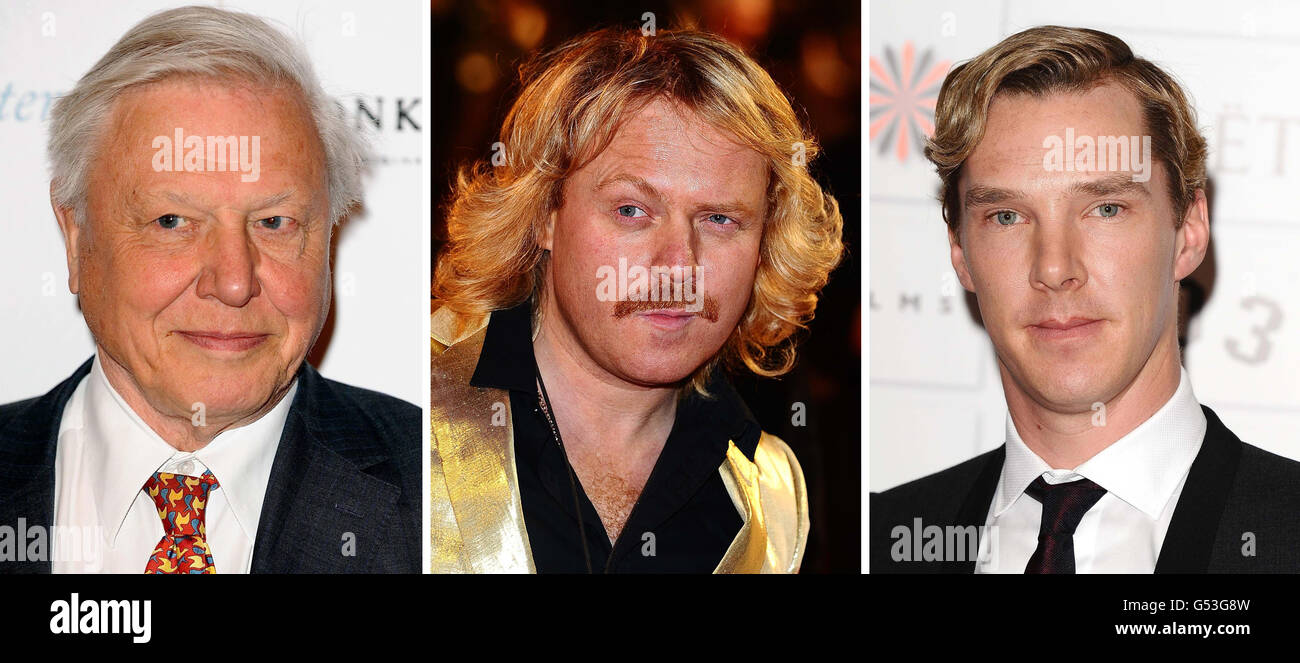 Undated file photos of (left to right) Sir David Attenborough, Keith lemon and Benedict Cumberbatch. Sir David is to take on Keith and Sherlock for a TV Bafta. Stock Photo