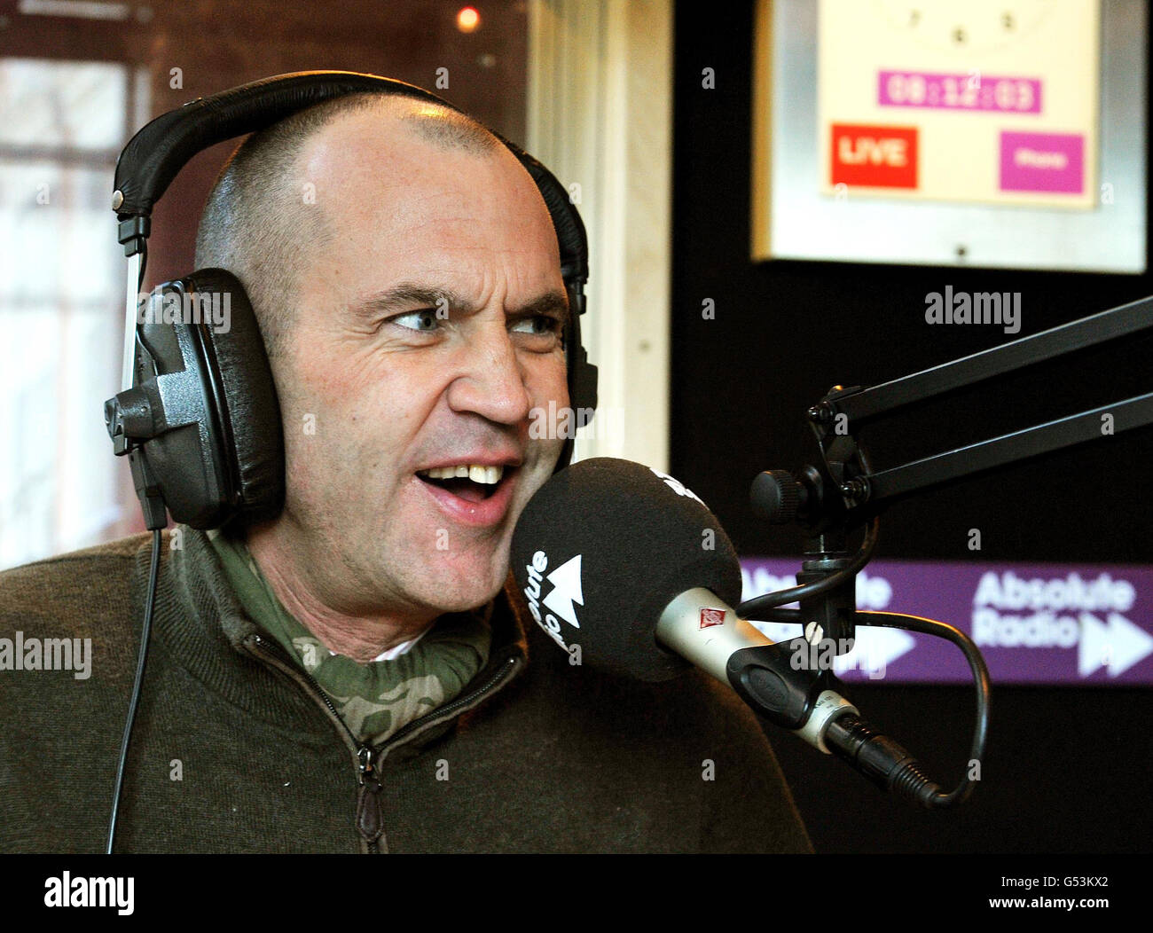Johnny Vaughan being interviewed by Christian O'Connell on Absolute Radio  where he will join the station in the near future, at their Studios in Soho  central London Stock Photo - Alamy