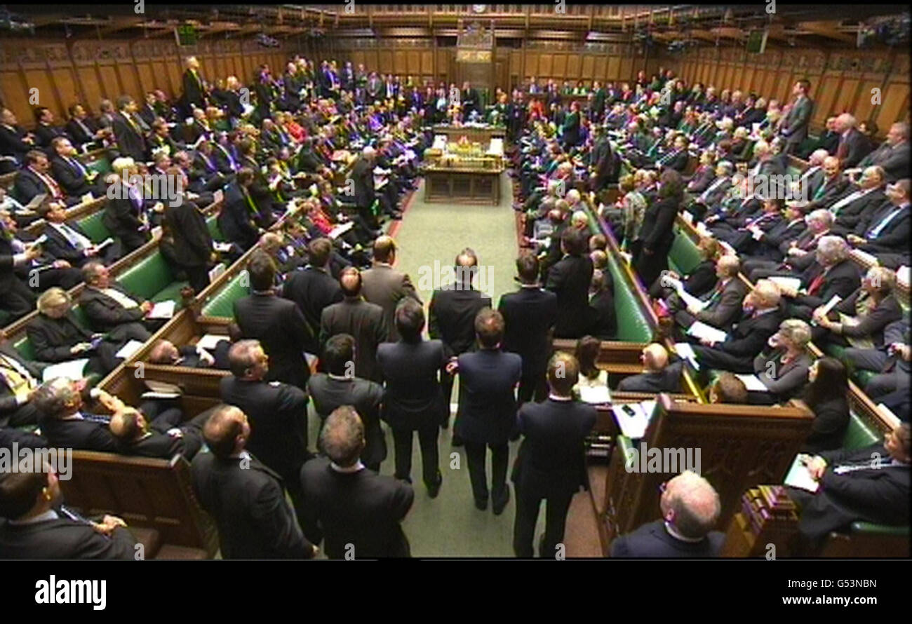 General view of the debating chamber during Prime Minister's Questions in the House of Commons, London. Stock Photo