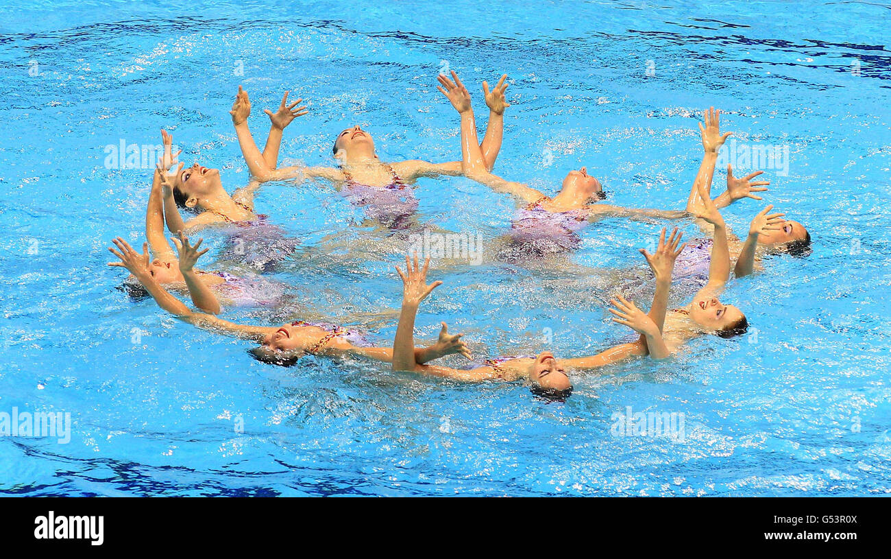 Spain's team in perform their technical routine during the Synchronised