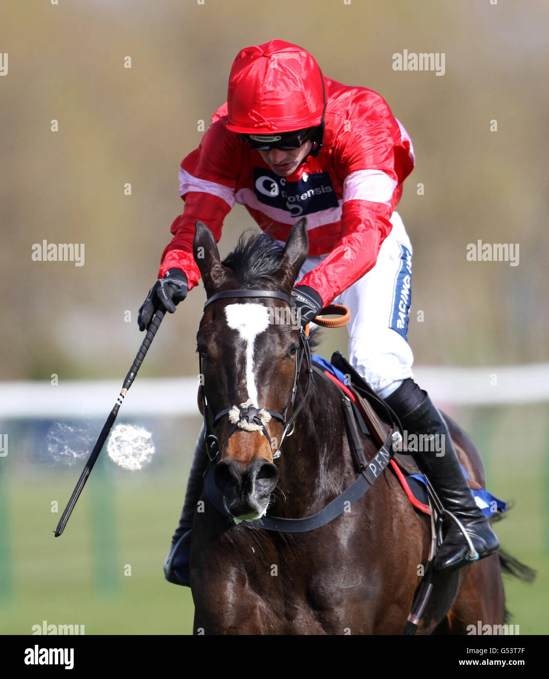 Jockey Ruby Walsh on Likable Rouge (right) during the 3663 Inspired By You Novice's Handicap Hurdle during day one of the Coral Scottish Grand National at Ayr Racecourse, Ayr. Stock Photo