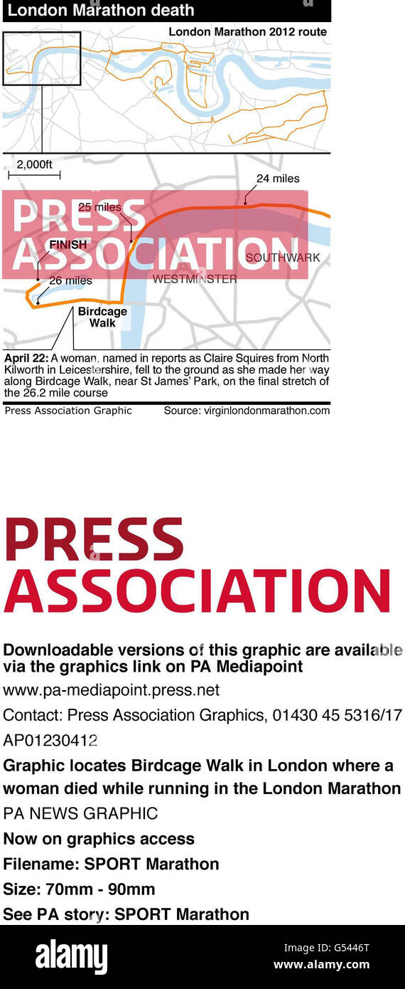 Graphic locates Birdcage Walk in London where a woman died while running in the London Marathon Stock Photo