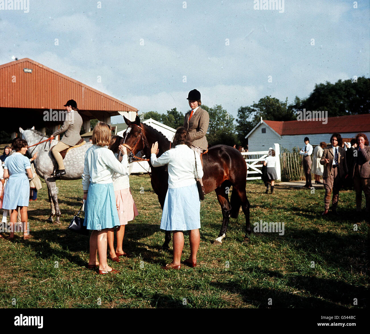 PRINCESS ON HORSEBACK 1964: Princess Anne (later the Princess Royal),13, represents her school, Benenden, for the first time in a showjumping competition. Stock Photo