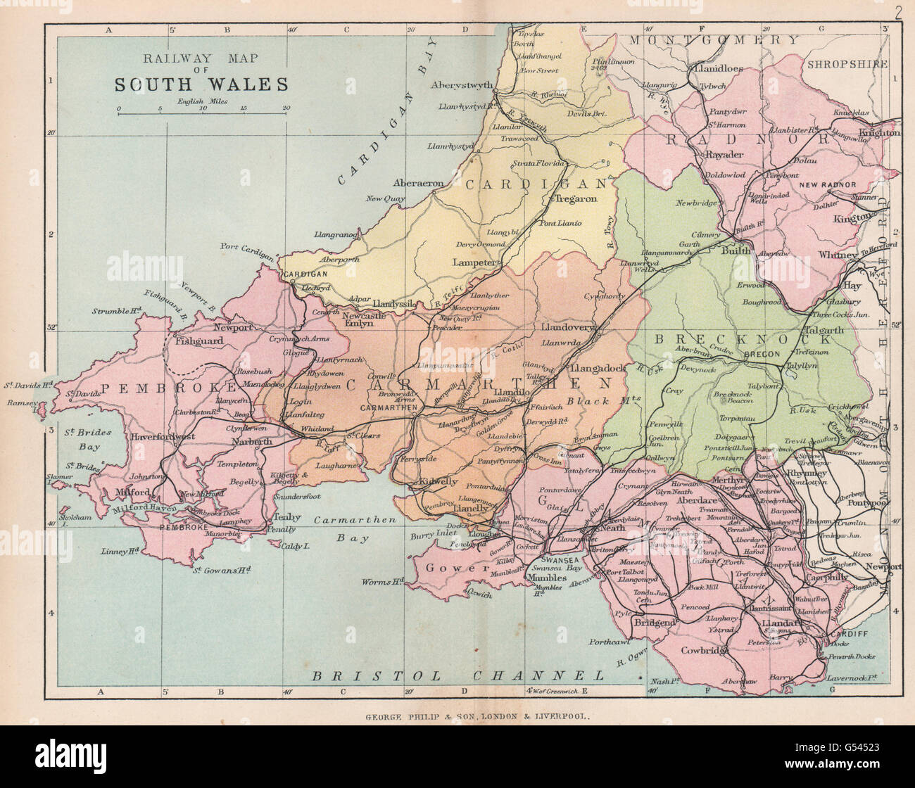 WALES: Railway Map of South Wales. BARTHOLOMEW, 1896 Stock Photo