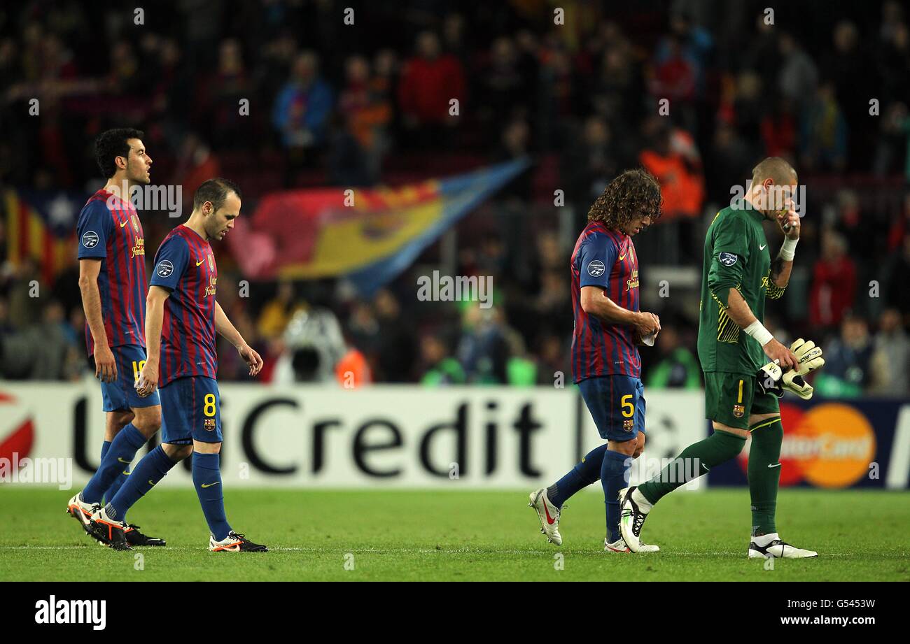 (l-r) Barcelona’s Sergio Busquets, Andres Iniesta, Carles Puyol and