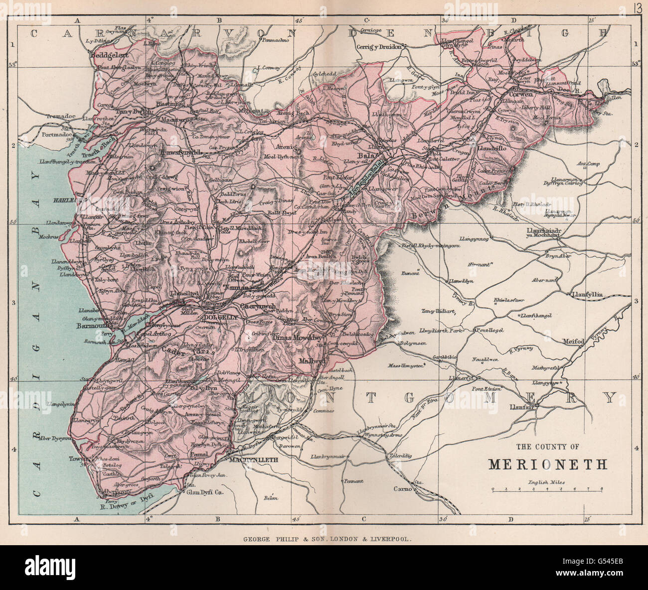 MERIONETHSHIRE:'County of Merioneth'. Barmouth Tywyn Wales. BARTHOLOMEW 1896 map Stock Photo