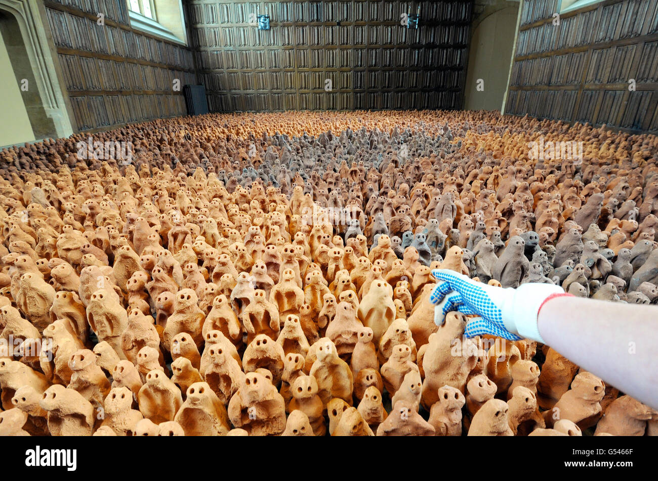 Local volunteers help to set up Antony Gormley's installation - Field for the British Isles - consisting of 40,000 clay figures in three rooms at Barrington Court in Somerset. Stock Photo