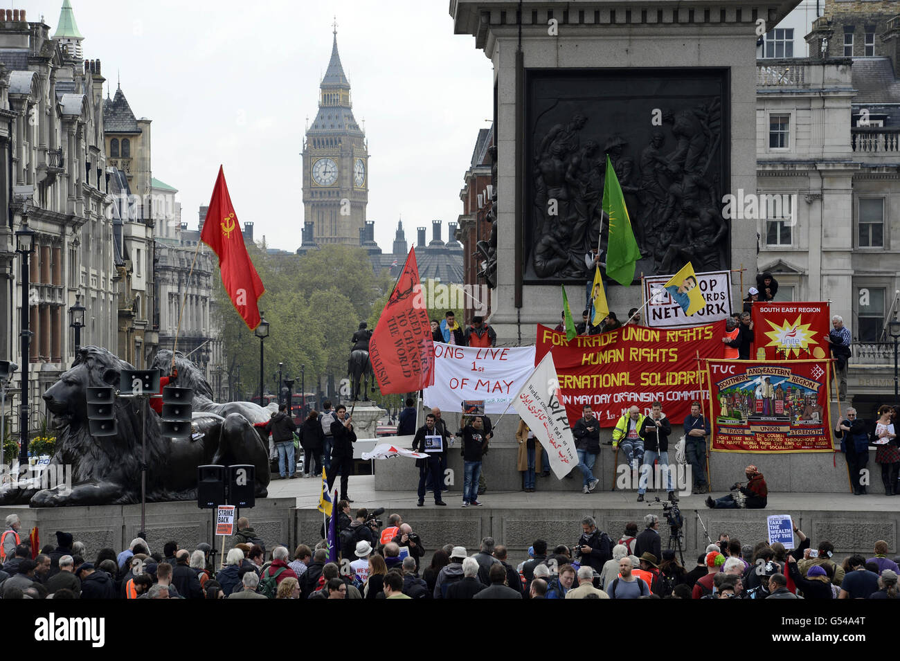 Crowds at a May Day Rally in Trafalgar Square, London. Stock Photo