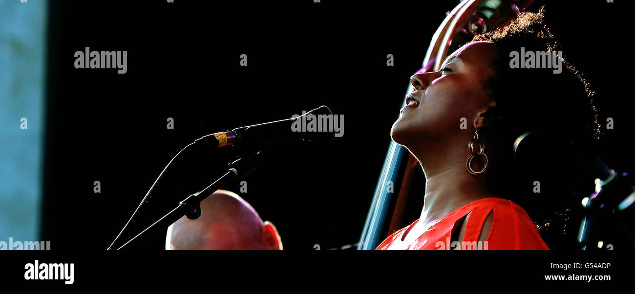 Indra singer of Indra Jazz Trio perform live at Nice Jazz Festival 201 Stock Photo