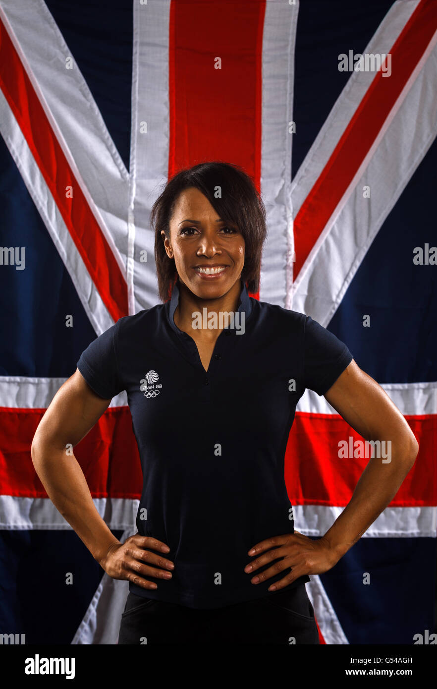Dame Kelly Holmes former double Olympic gold medalist poses for the photographer after her motivational talk to Great Britain's Judo squad on behalf of the British Olympic Association Stock Photo